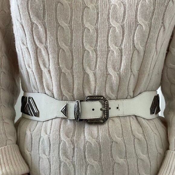 Vintage Womens White Leather Wide Silver Studded Retro Waist Belt Made in France - Picture 1 of 4